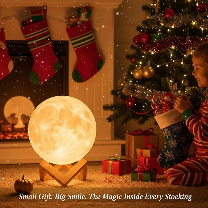 3D Moon Light Lamp – Rechargeable LED Night Lamp with Touch Control, Realistic Lunar Texture & Wooden Stand | Bedroom, Gifts & Home Décor