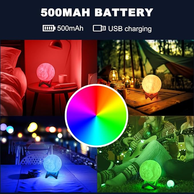 3D Moon Light Lamp – Rechargeable LED Night Lamp with Touch Control, Realistic Lunar Texture & Wooden Stand | Bedroom, Gifts & Home Décor